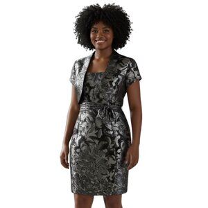 VTG 90s Black Gray Metallic Brocade Floral Sheath Dress Topper Jacket. SZ 14‎